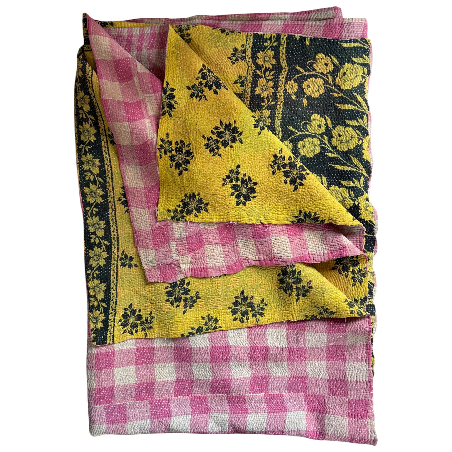 Pink check kantha quilt