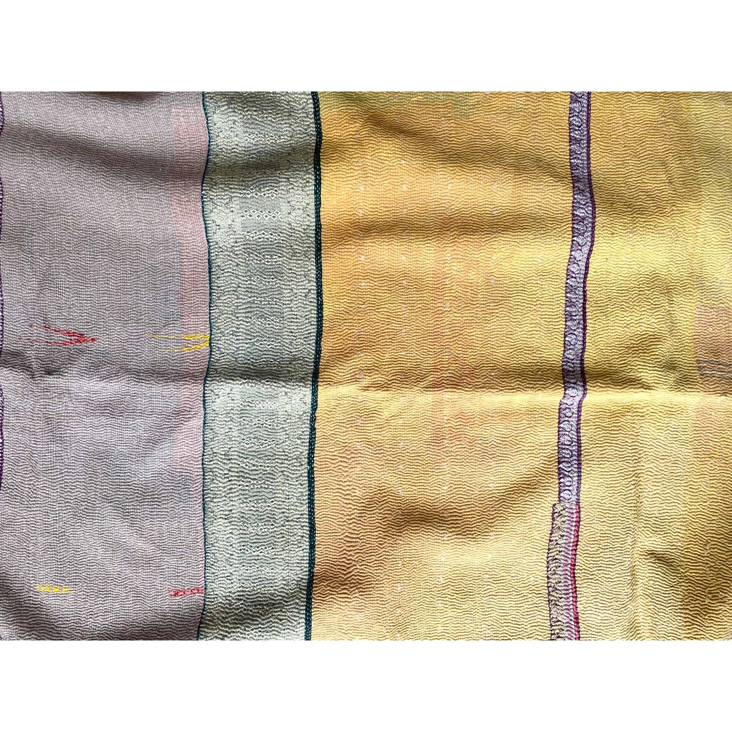 Pink and white kantha quilt reverse