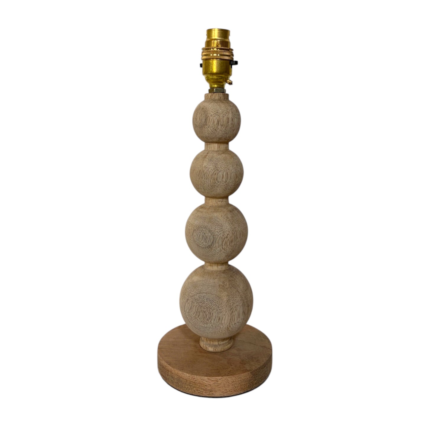 A mango wood table lamp featuring a stacked sphere design on a round base, with a brass-colored metal socket at the top, shown against a plain white background.