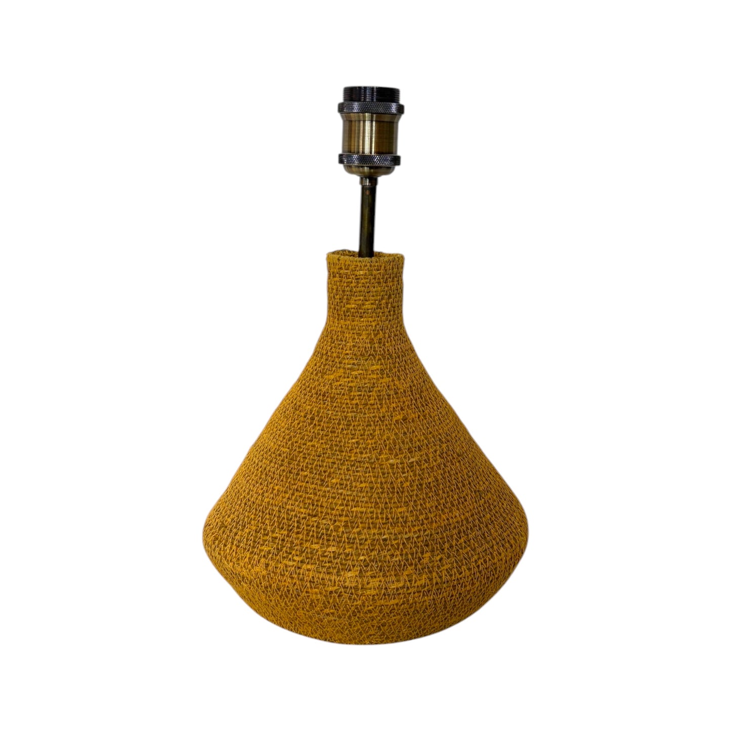 Raffi Table Lamp. Mustard yellow woven jute teardrop base with antique brass fitting, shade off