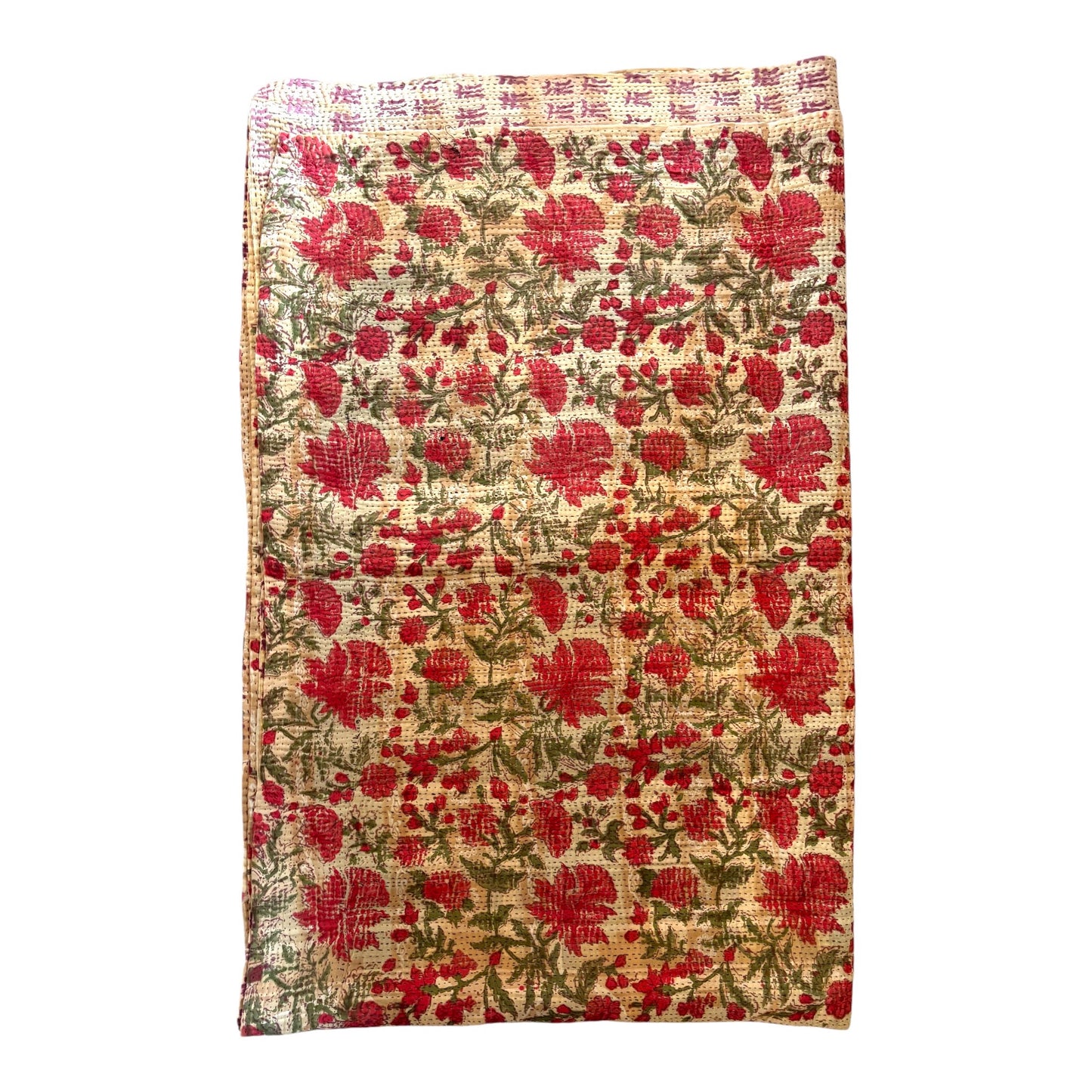 Red floral block print kantha
