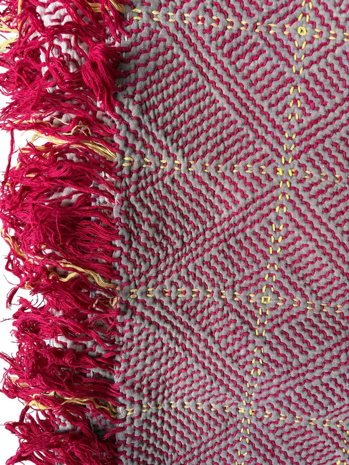 close up red and yellow kantha rug