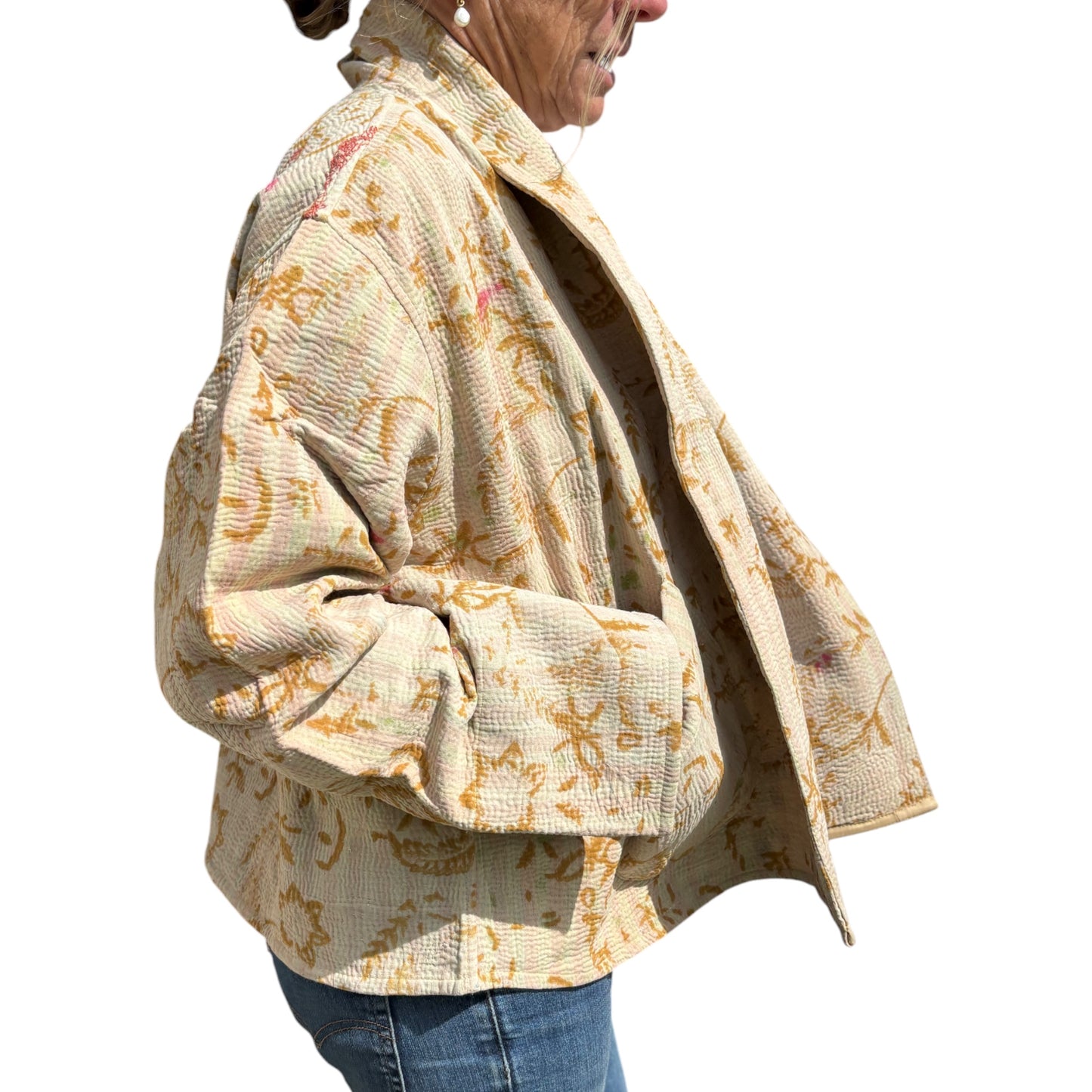 Ochre with pink stripes kantha coat