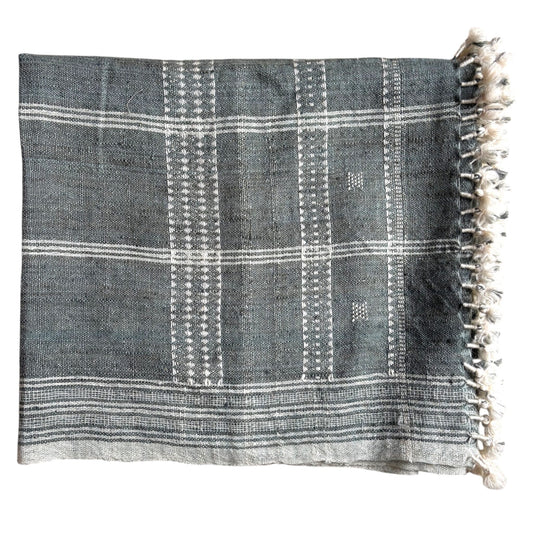 Slate grey woollen throw showing the fine stitching