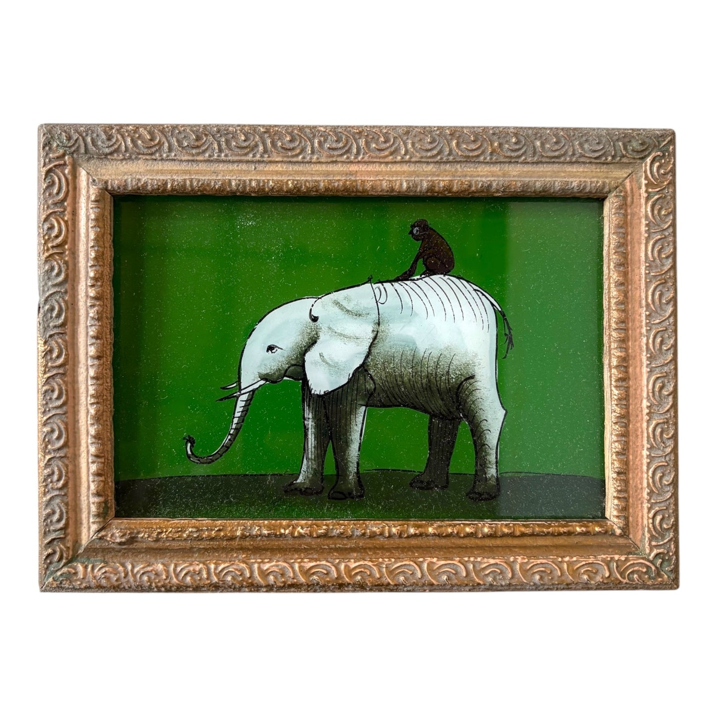 Small elephant with monkey glass painting