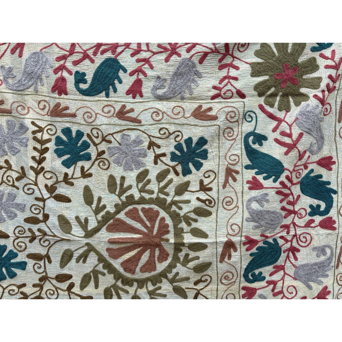 Embroidered fabric with colorful floral patterns on a white background