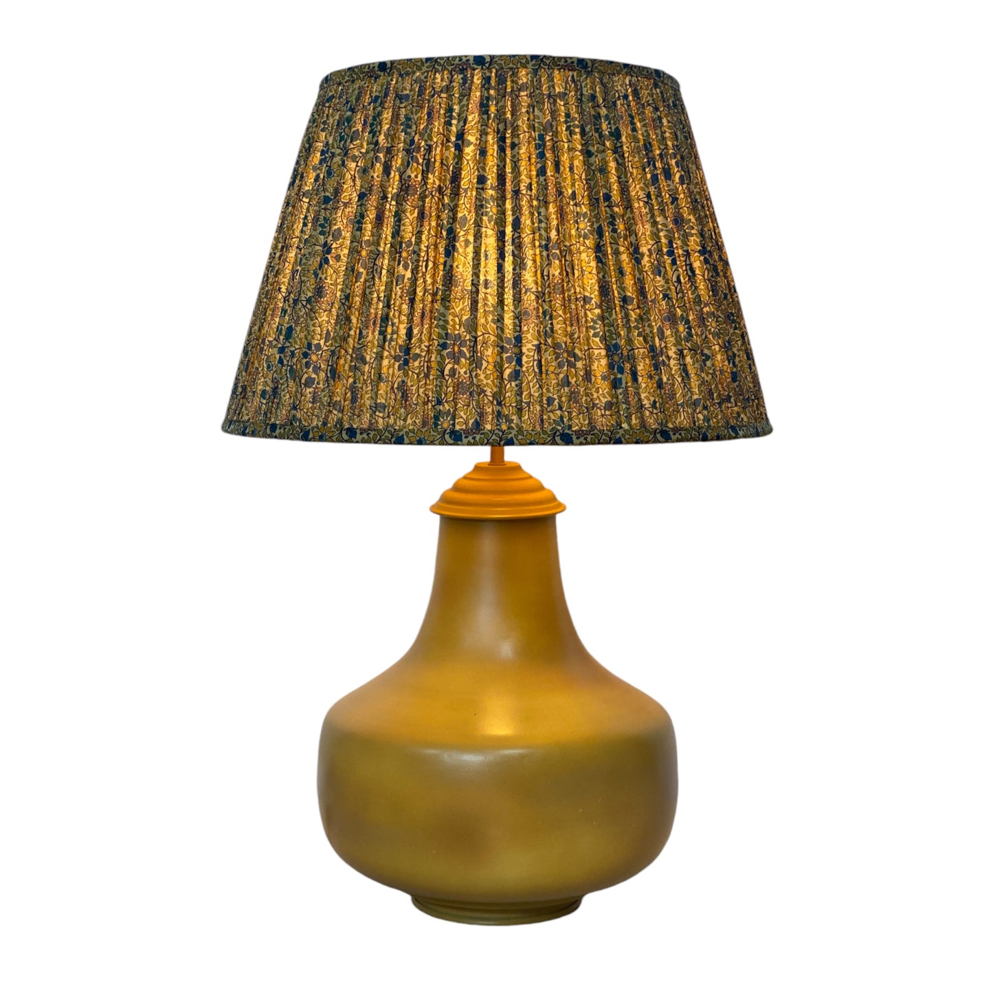 Teal and yellow silk sari lampshade lit