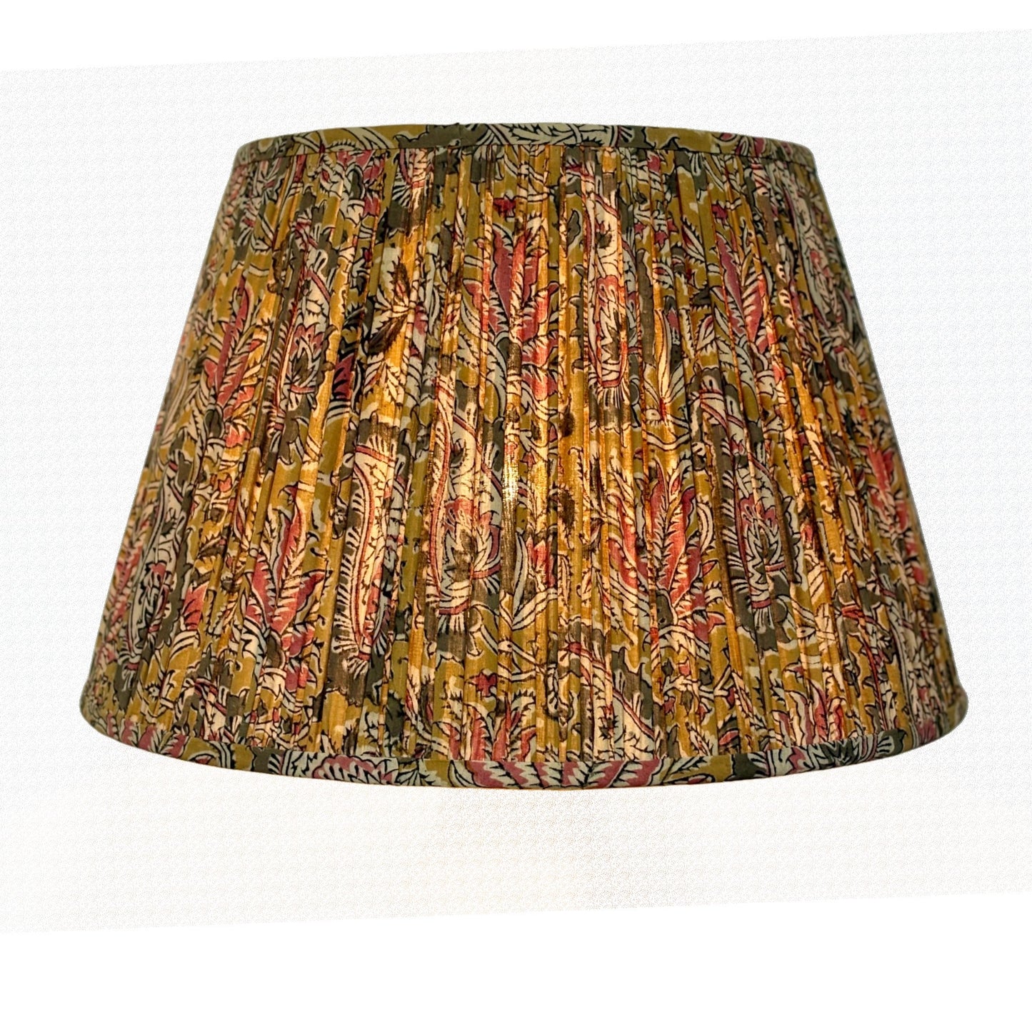 Yellow and pink kalamkari lampshade lit