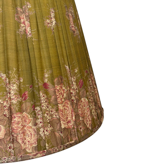 close up of olive and pink floral vintage silk sari lampshade