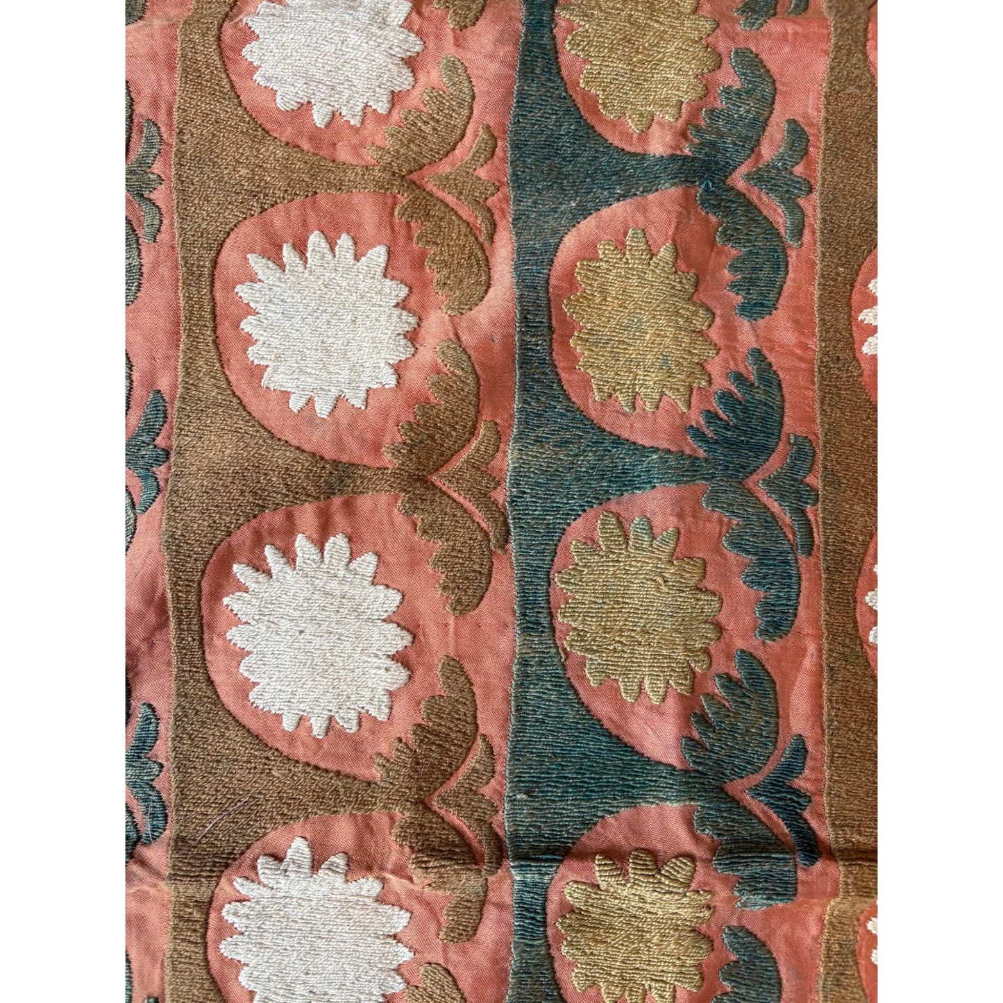 Decorative fabric with floral patterns in red, gold, and green