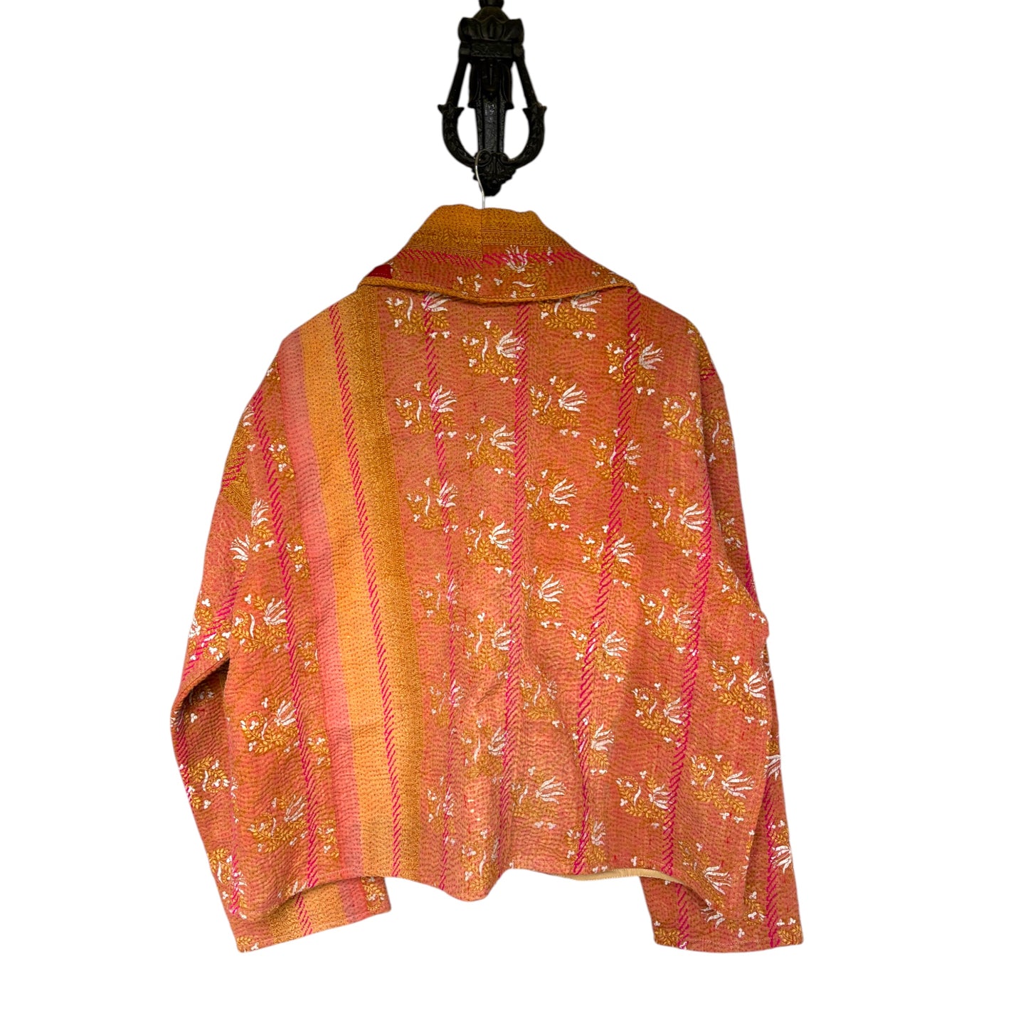 Coral and ochre short kantha coat back