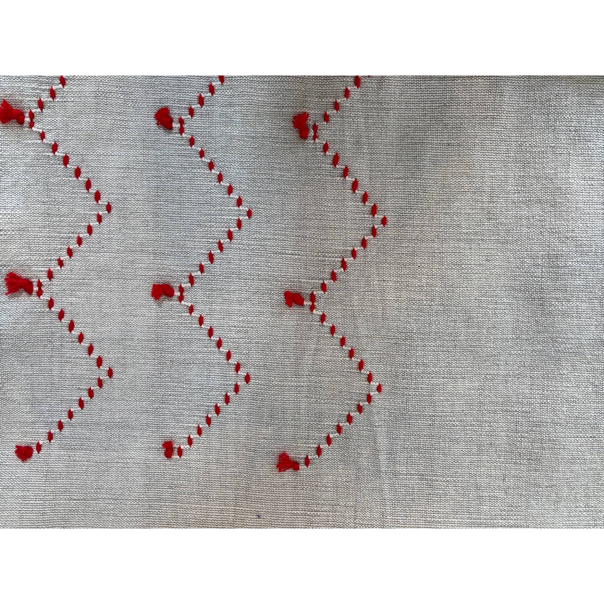 close up grey with red moroccan bedspread