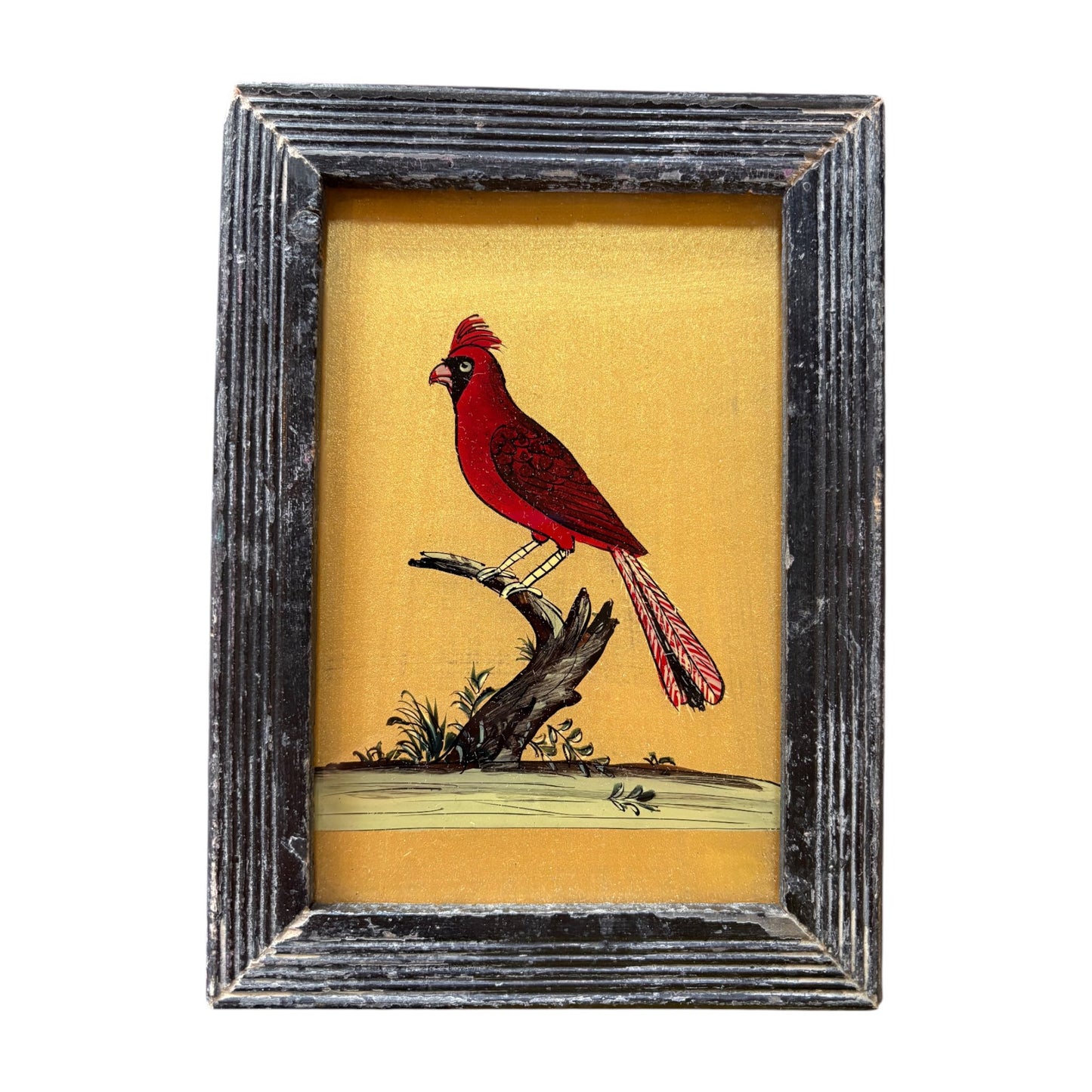 small gold songbird glass painting