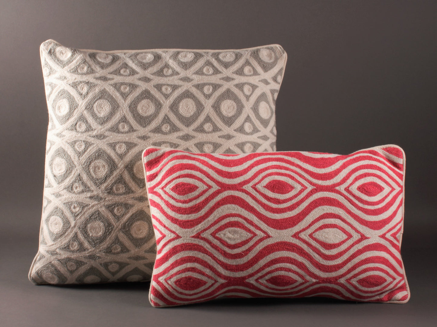 Grey And White Kashmiri Crewel Cushion