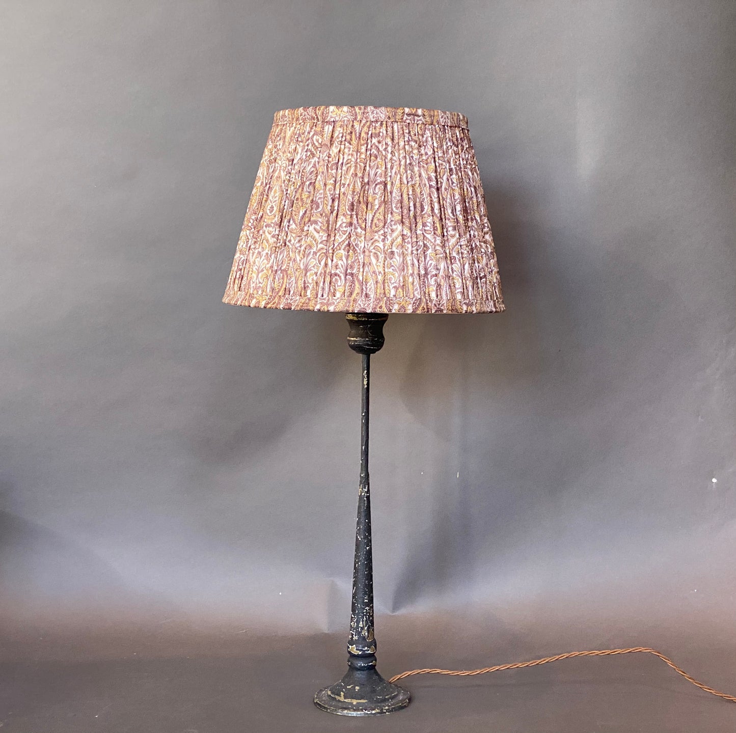 Yellow and grey paisley silk Lampshade on a candlestick lamp base