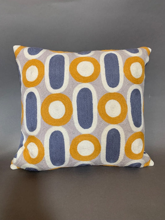 Blue and ochre Kashmiri crewel cushion