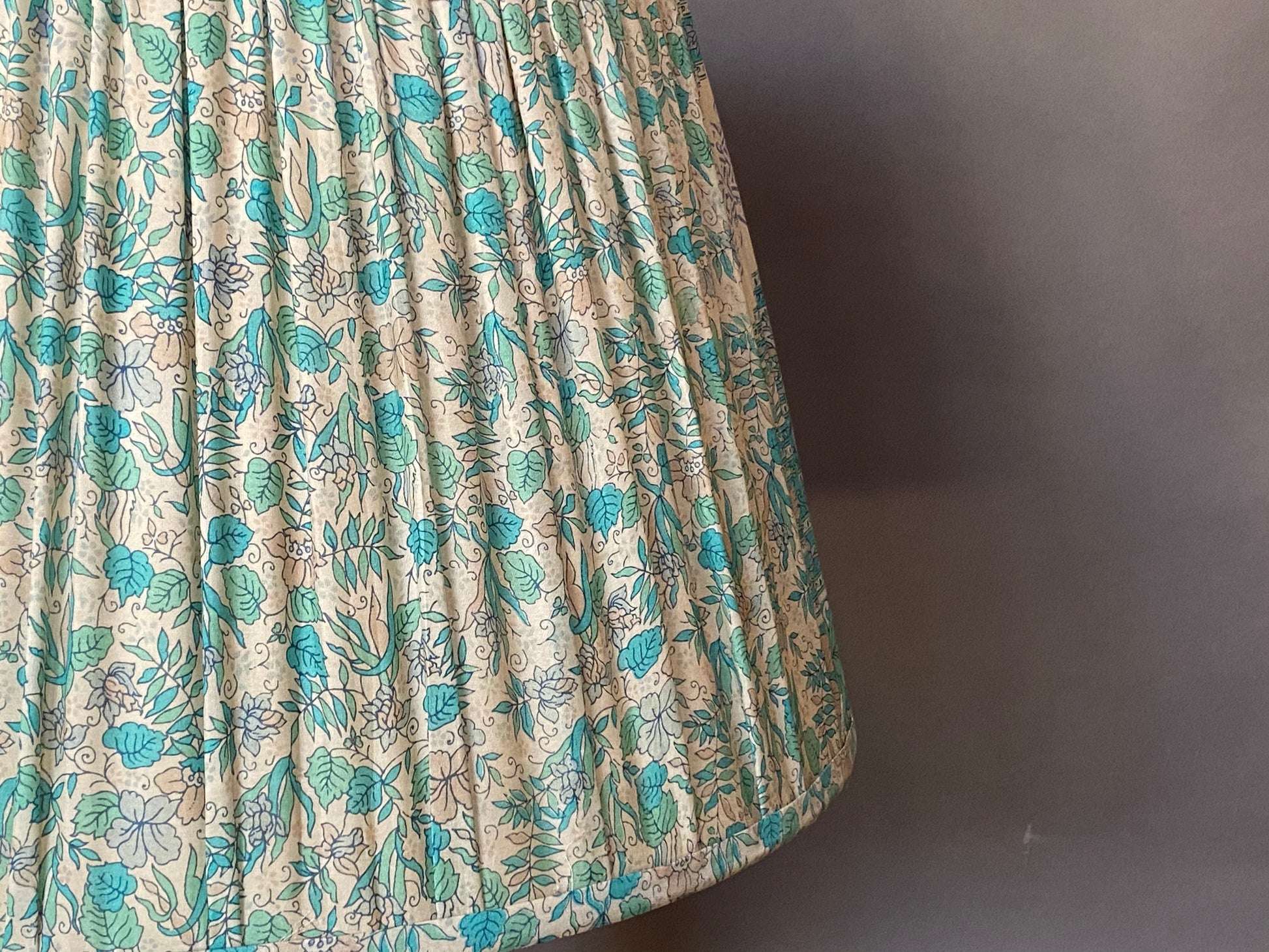 Aqua liberty silk lampshade close-up view of right side