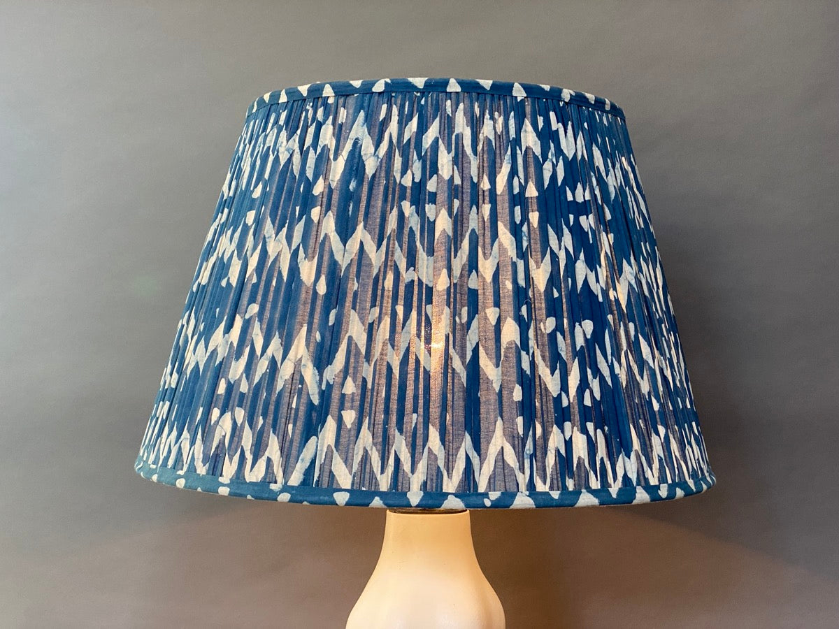 Indigo zig zag cotton lampshade lit