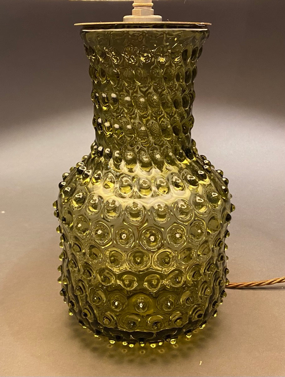 Green carafe hobnail glass lamp base