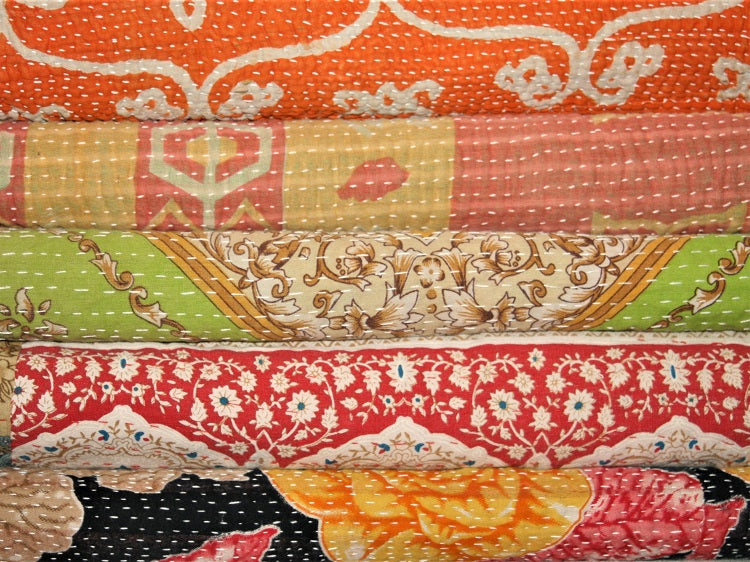 Pink Yellow And Ecru Kantha Quilt