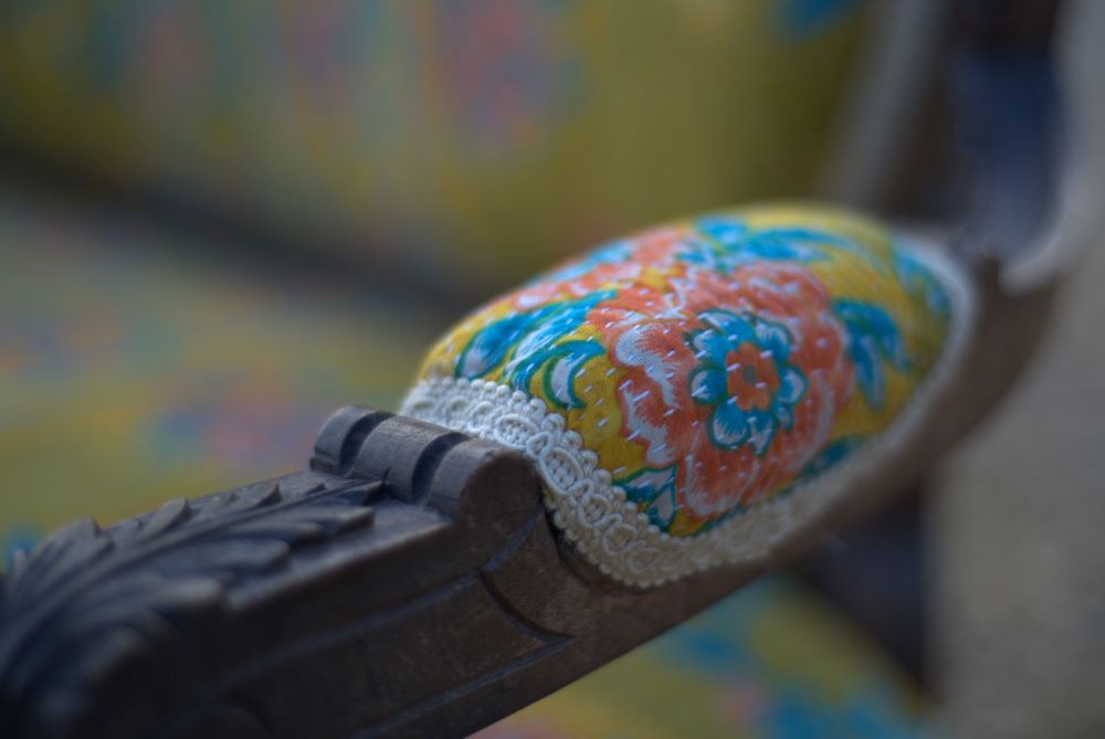 19th century yellow french sofa extreme close-up