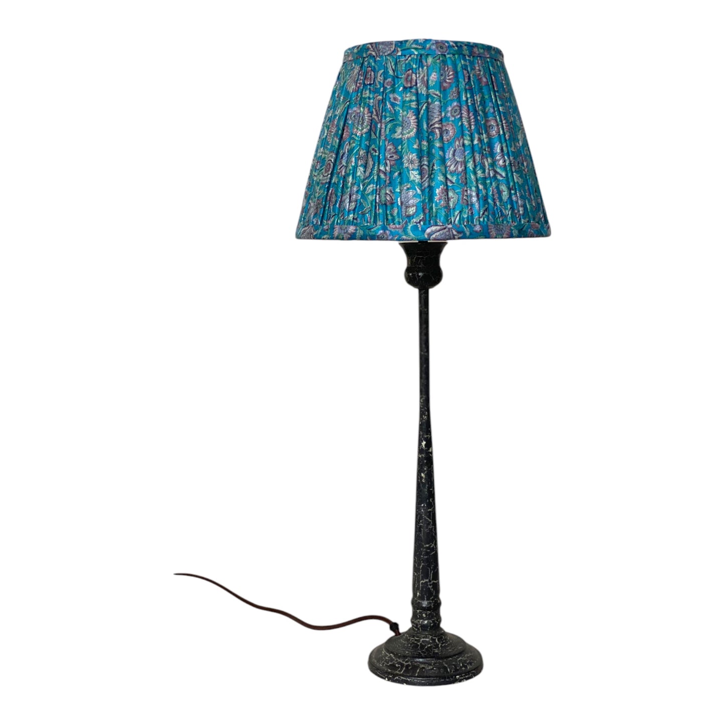 Aqua silk sari lampshade on candlestick base
