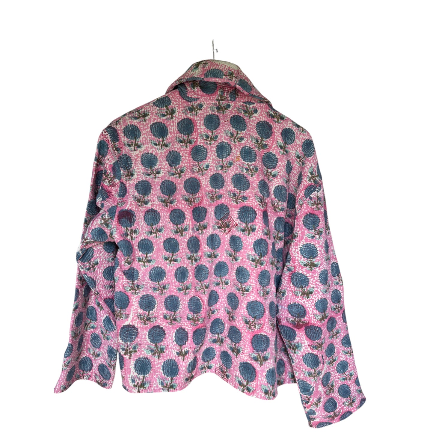 back of short kantha coat pink block print
