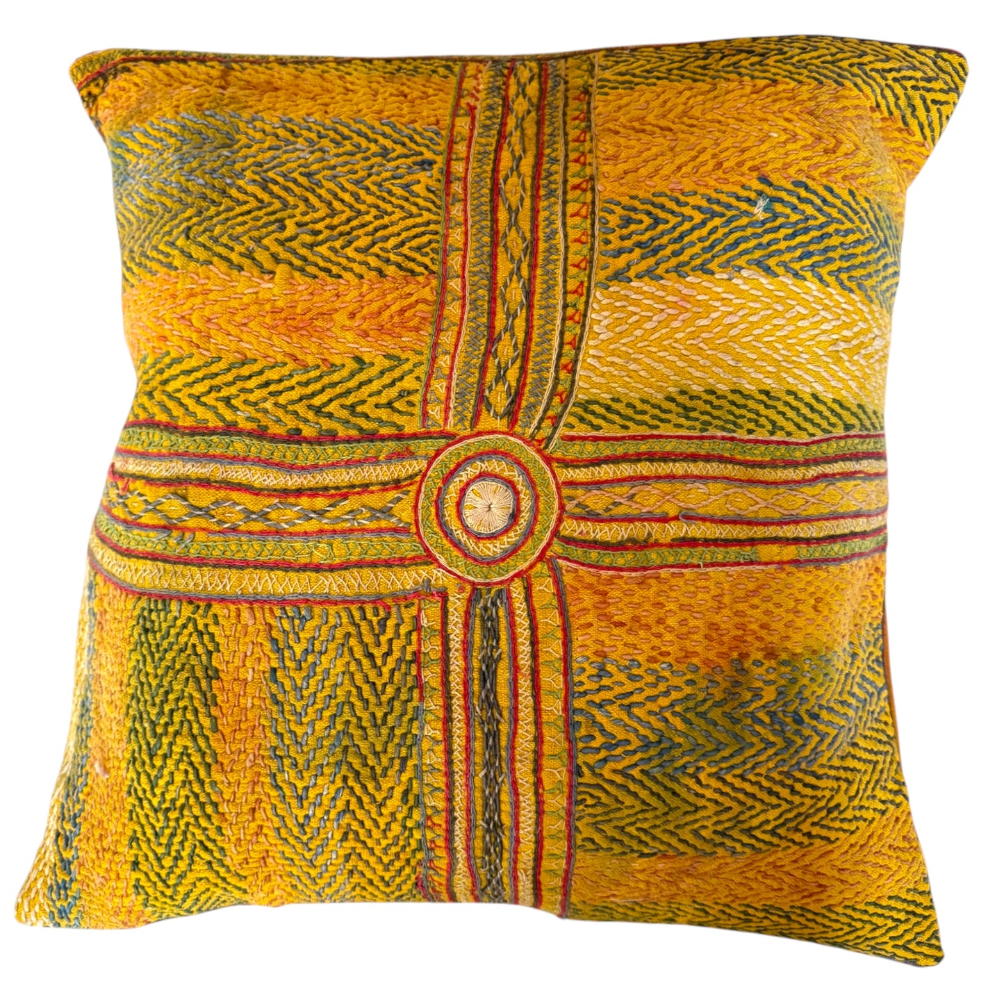 Front view of Banjara yellow embroidered cushion with central circular medallion and cross-stripe geometric pattern in green, red, blue, and cream.