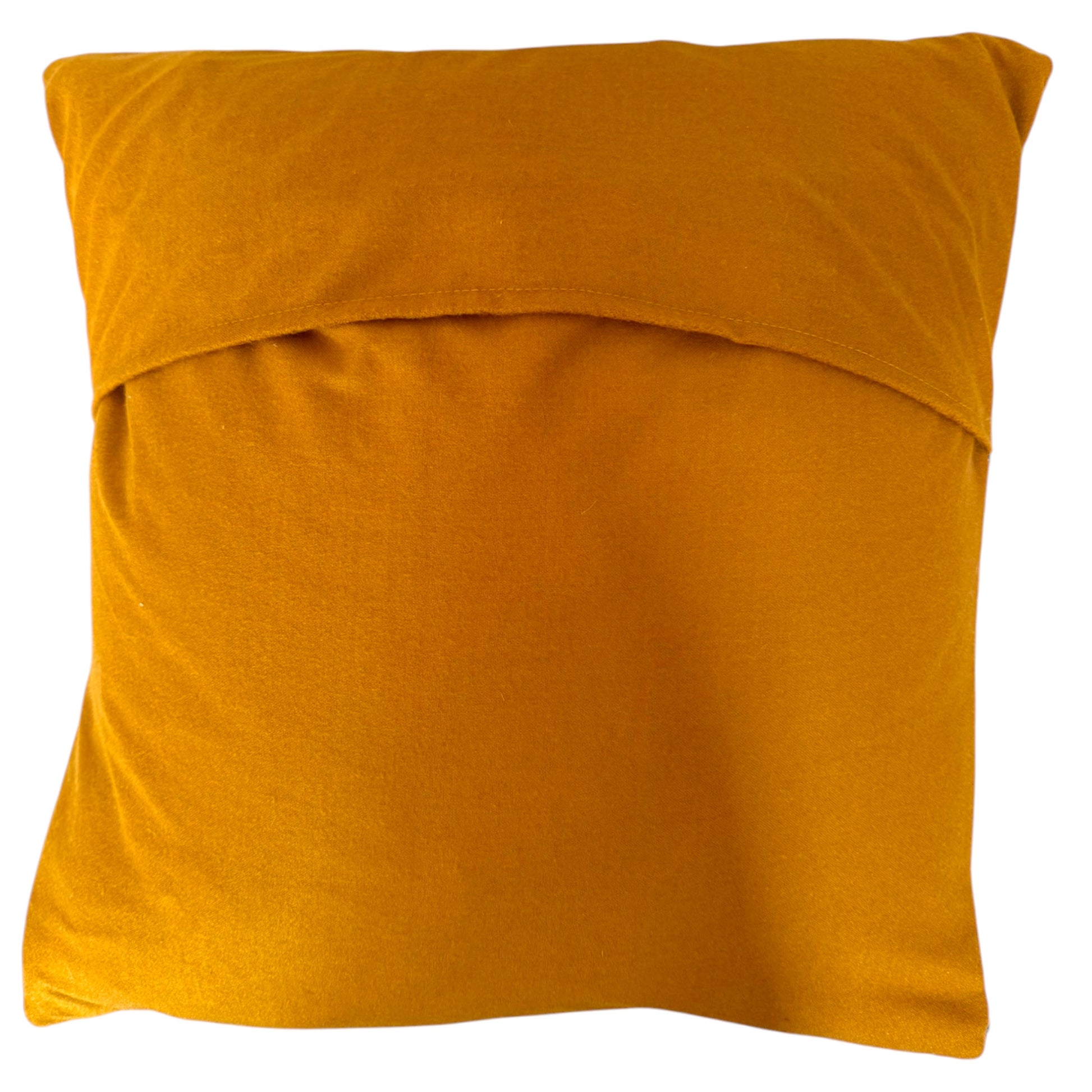Back view of square Banjara cushion, showing turmeric fabric with a folded top edge, shown against a plain white background.