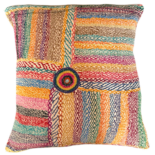 Front view of Banjara rainbow embroidered cushion on cream base with multicolour chevron stripes and mirror-work circular medallion.