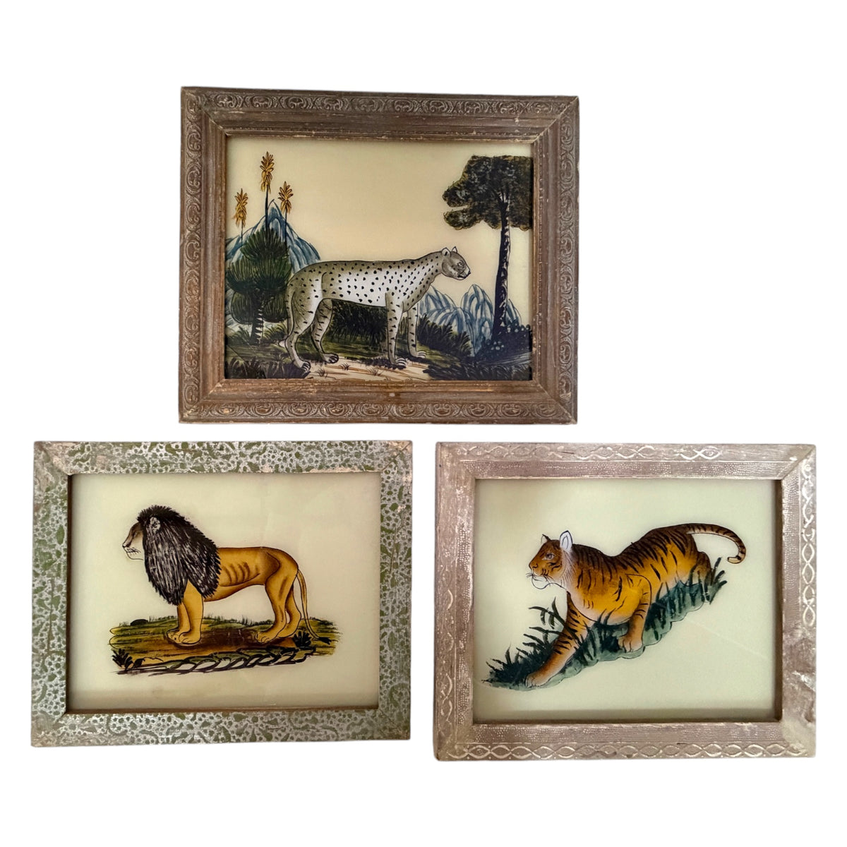 Three framed hand-painted reverse glass big cat paintings: cheetah, lion and tiger