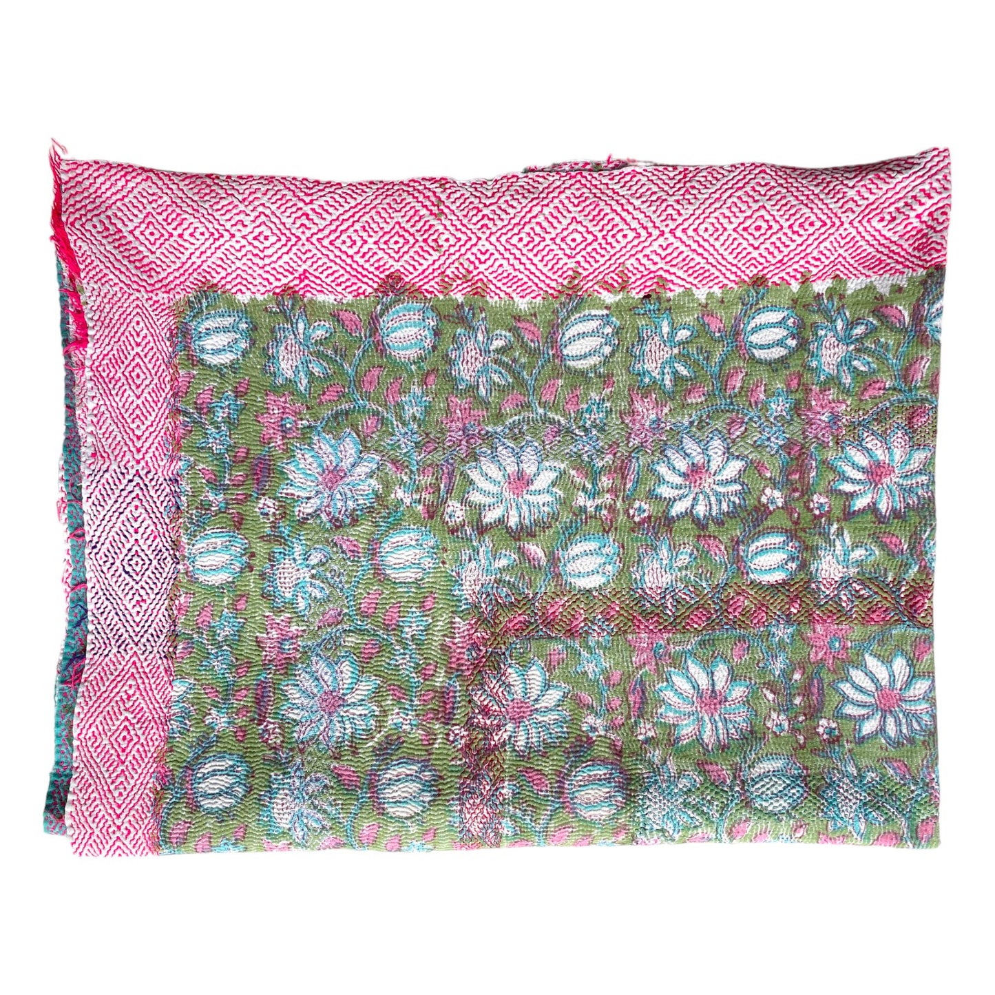 Green and pink floral block print kantha