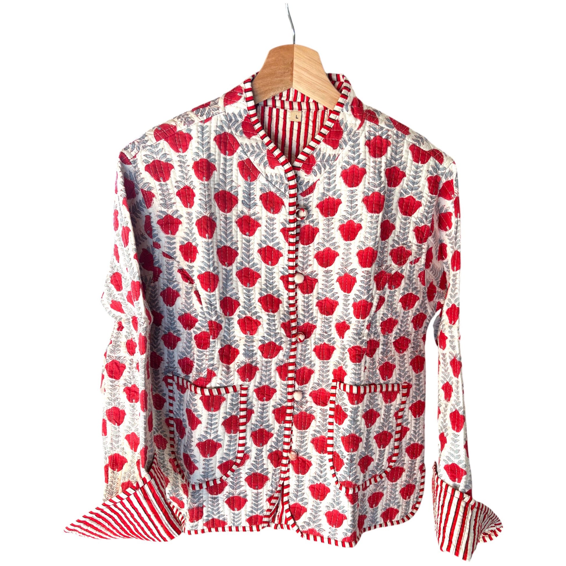 Block print quilted coat red