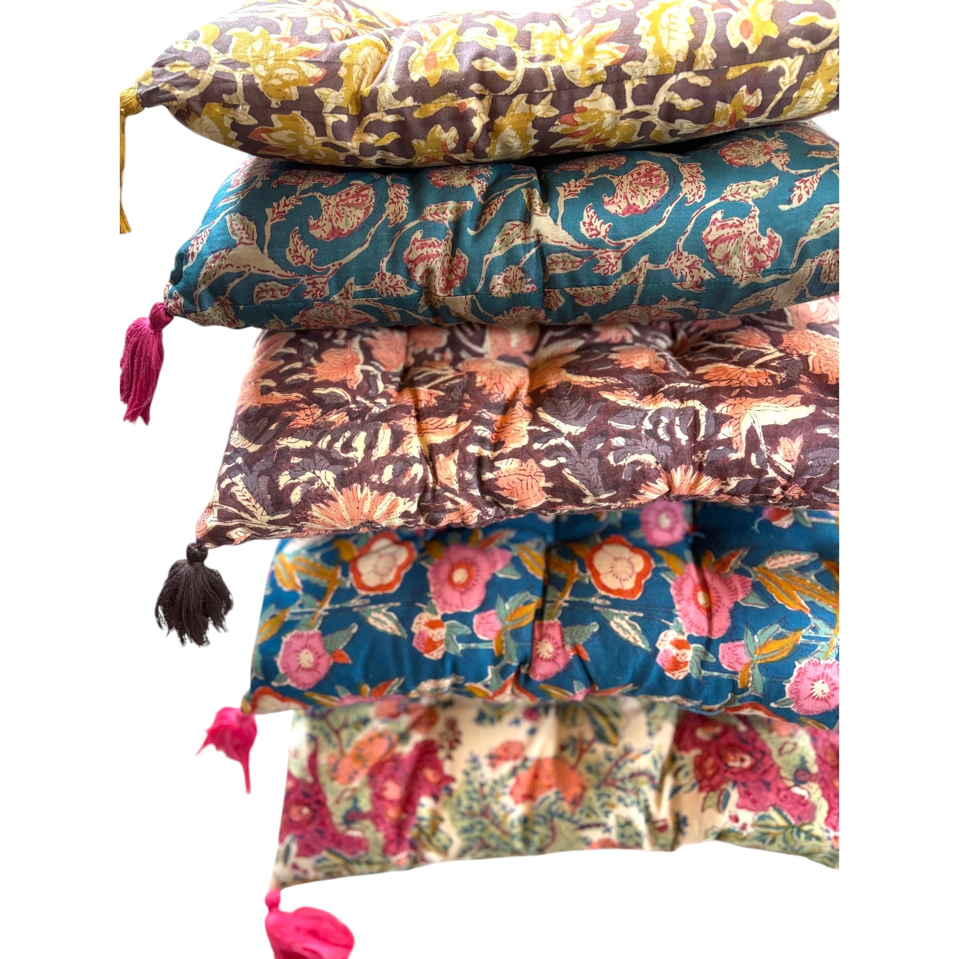 pile of block print cotton seat pads
