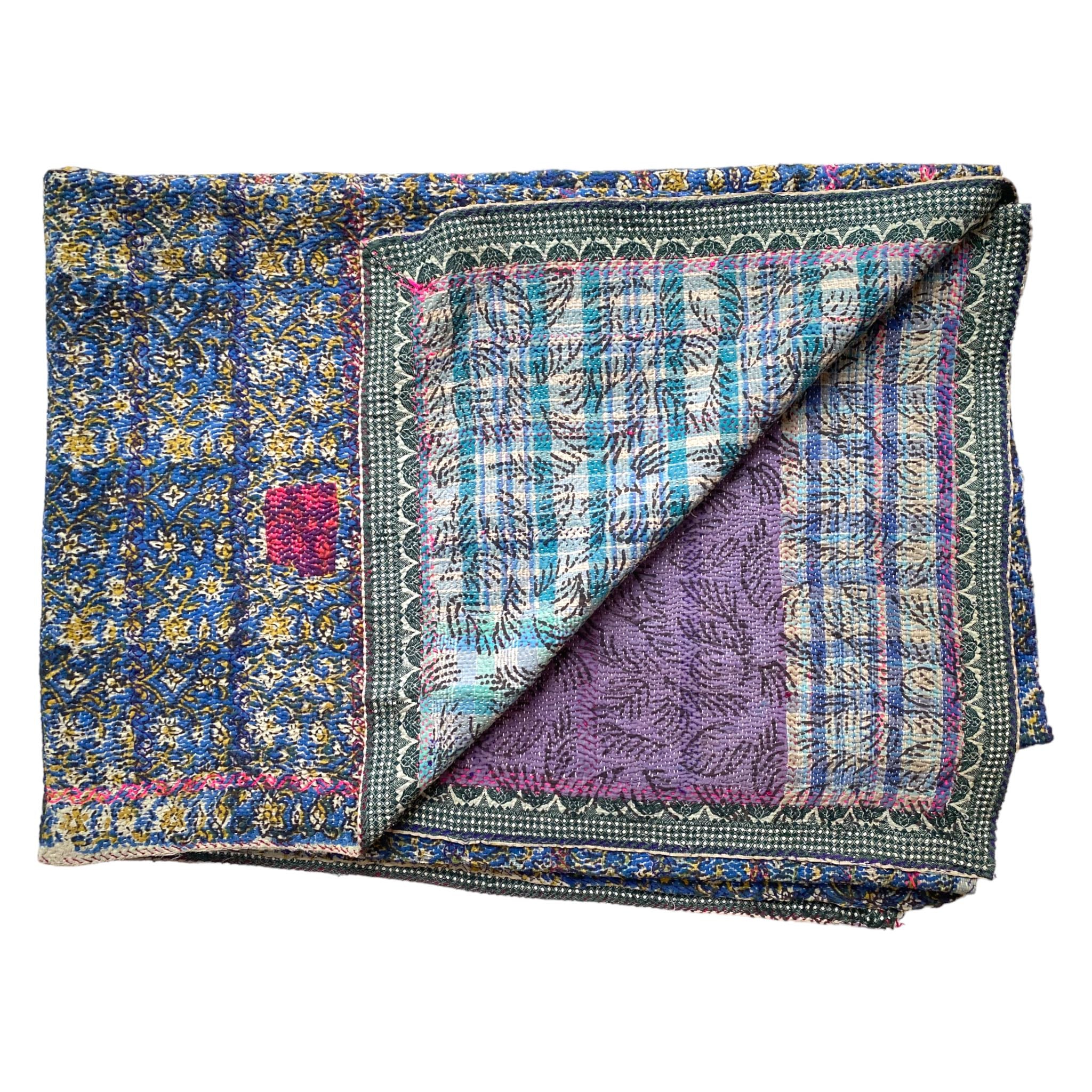 Blue and ochre block print Kantha quilt