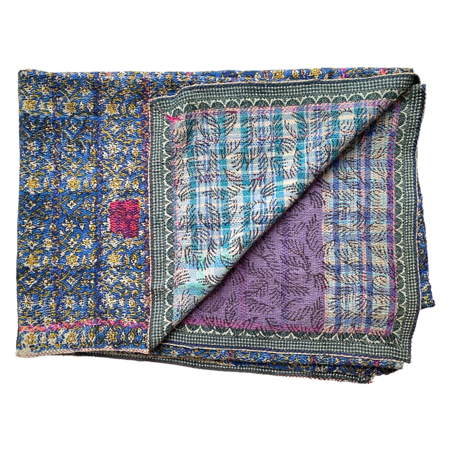 Blue and ochre block print kantha quilt