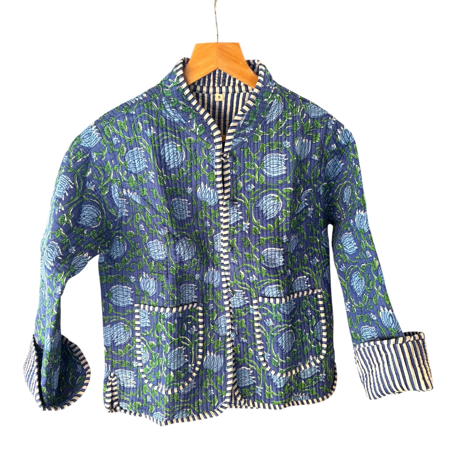 Blue block print quilted coat