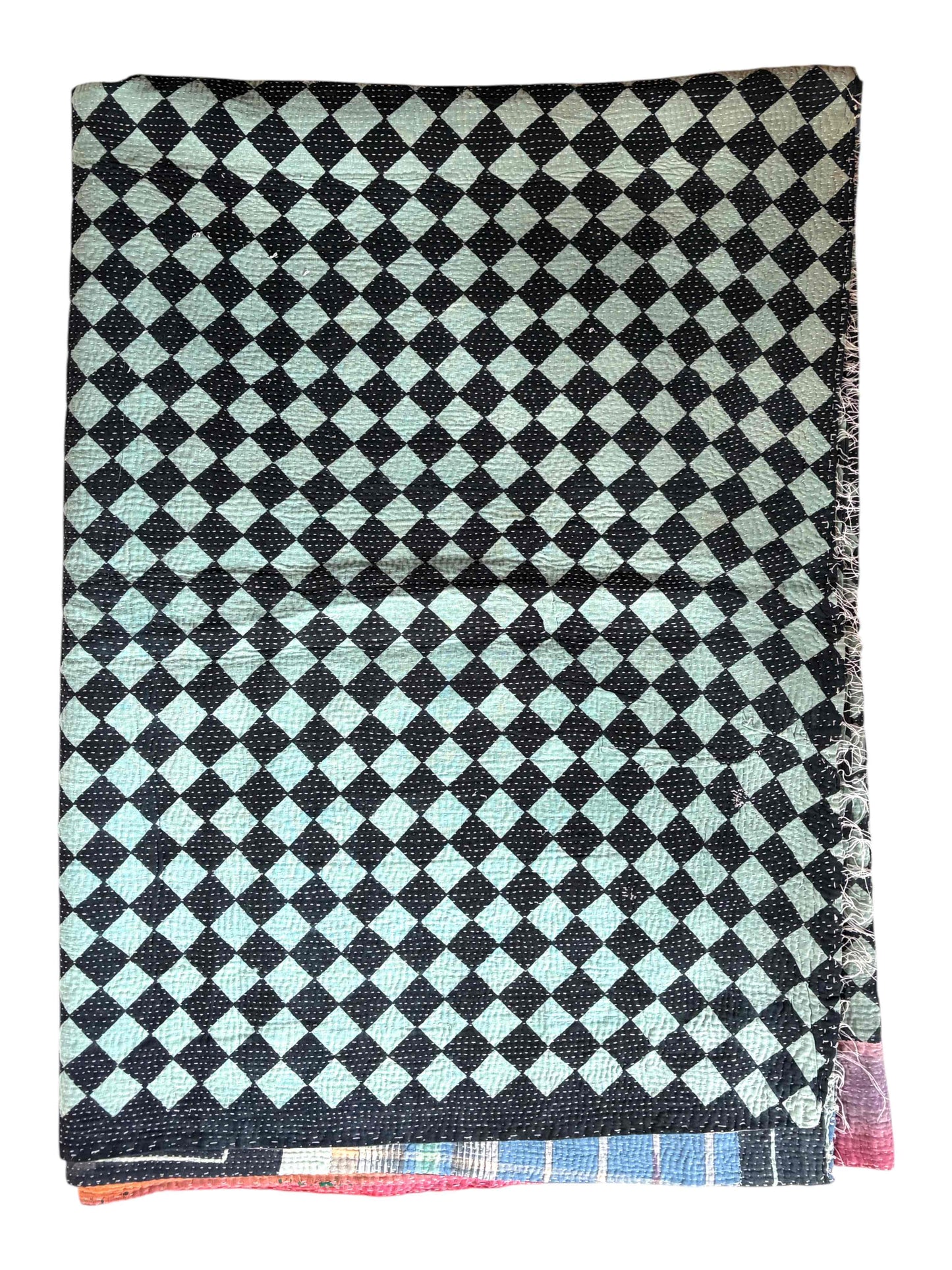 blue chequer kantha quilt