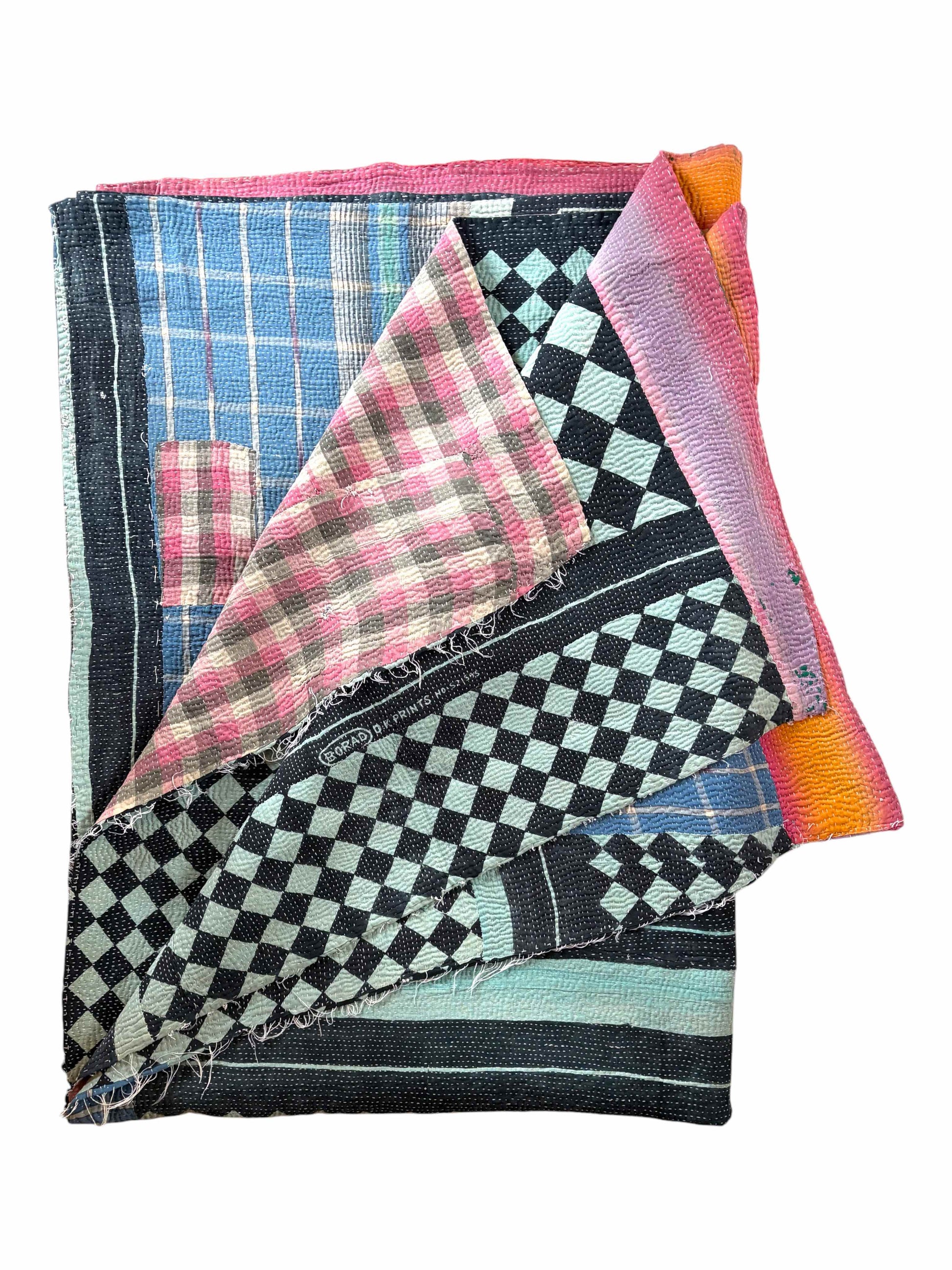 Blue chequerboard kantha quilt