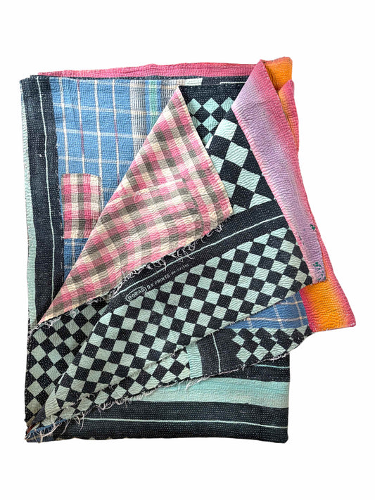 Blue chequerboard kantha quilt