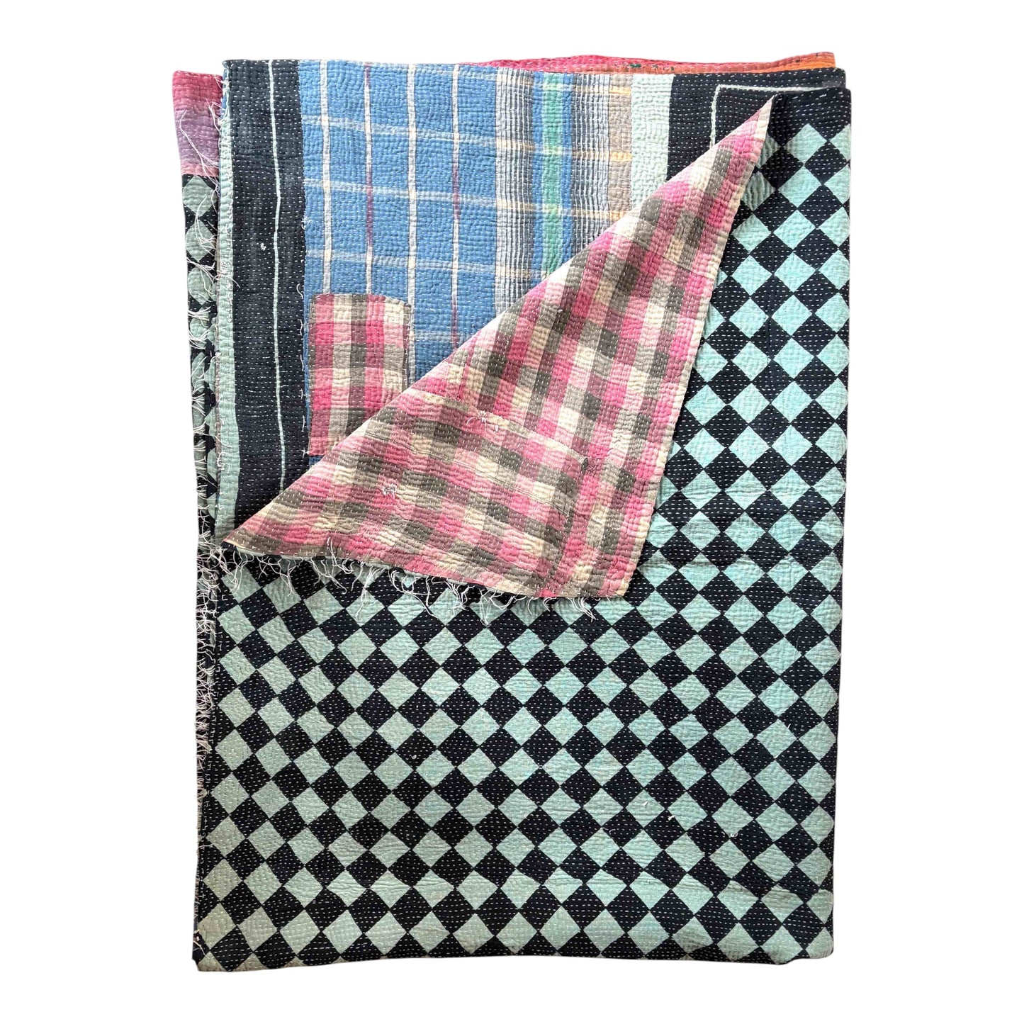 Blue Chequerboard Kantha quilt