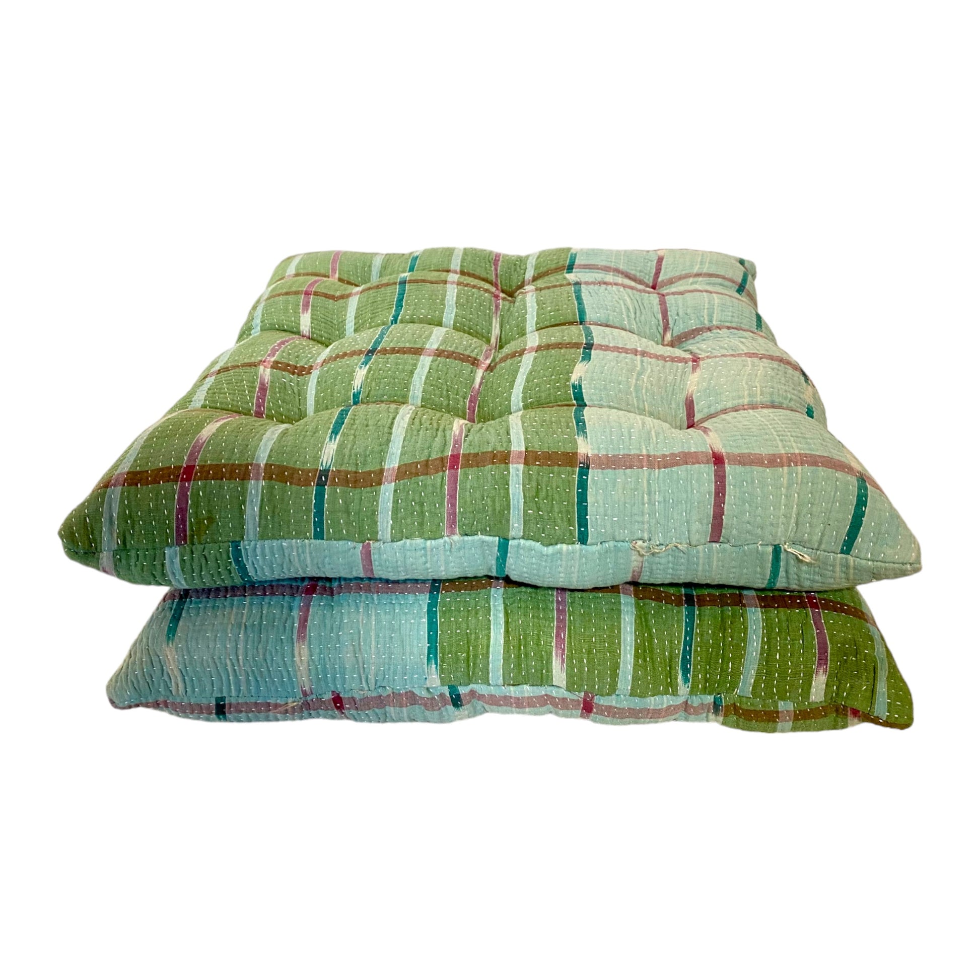 Blue and green check kantha seat pads