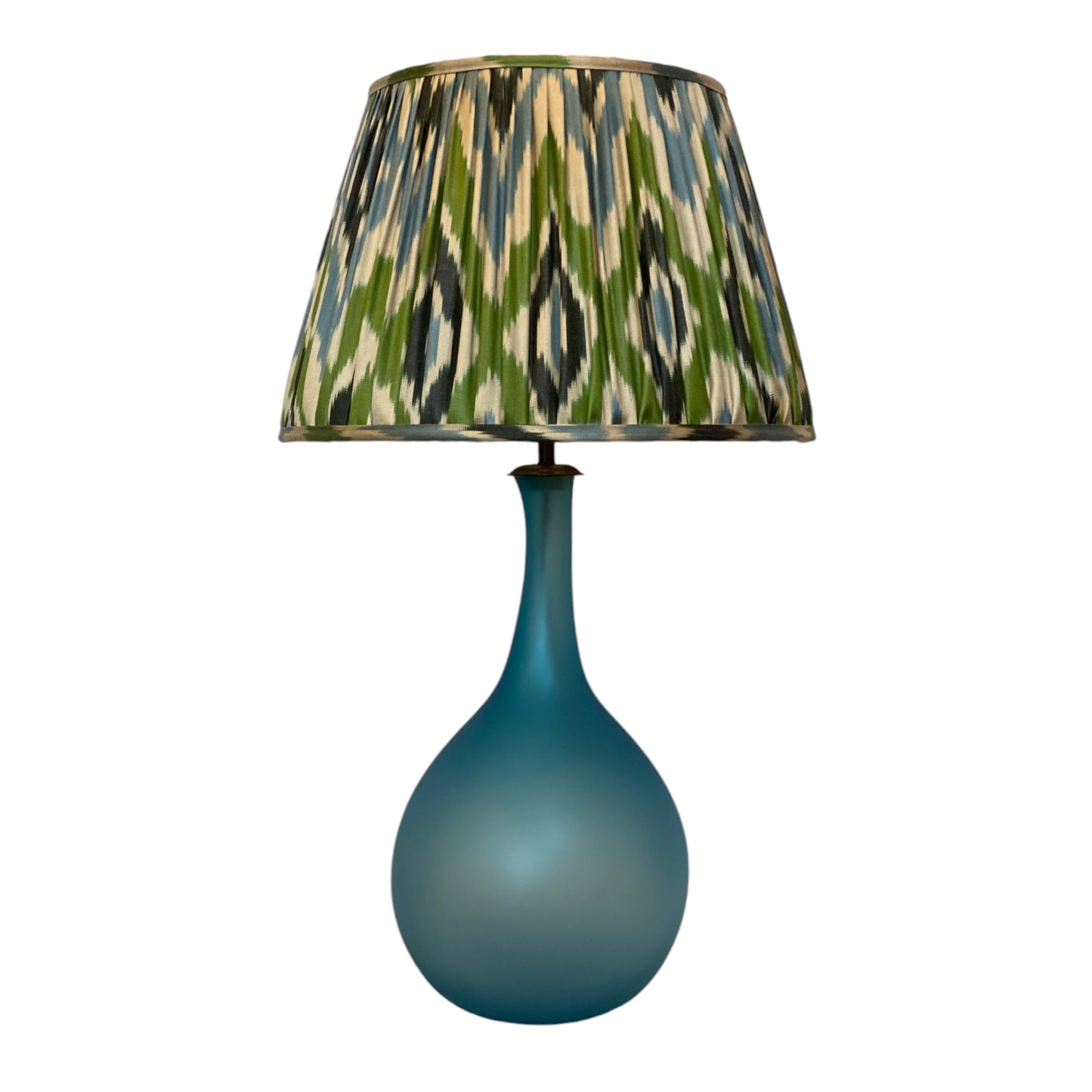 Blue and green ikat silk lampshade on Aakriti lamp