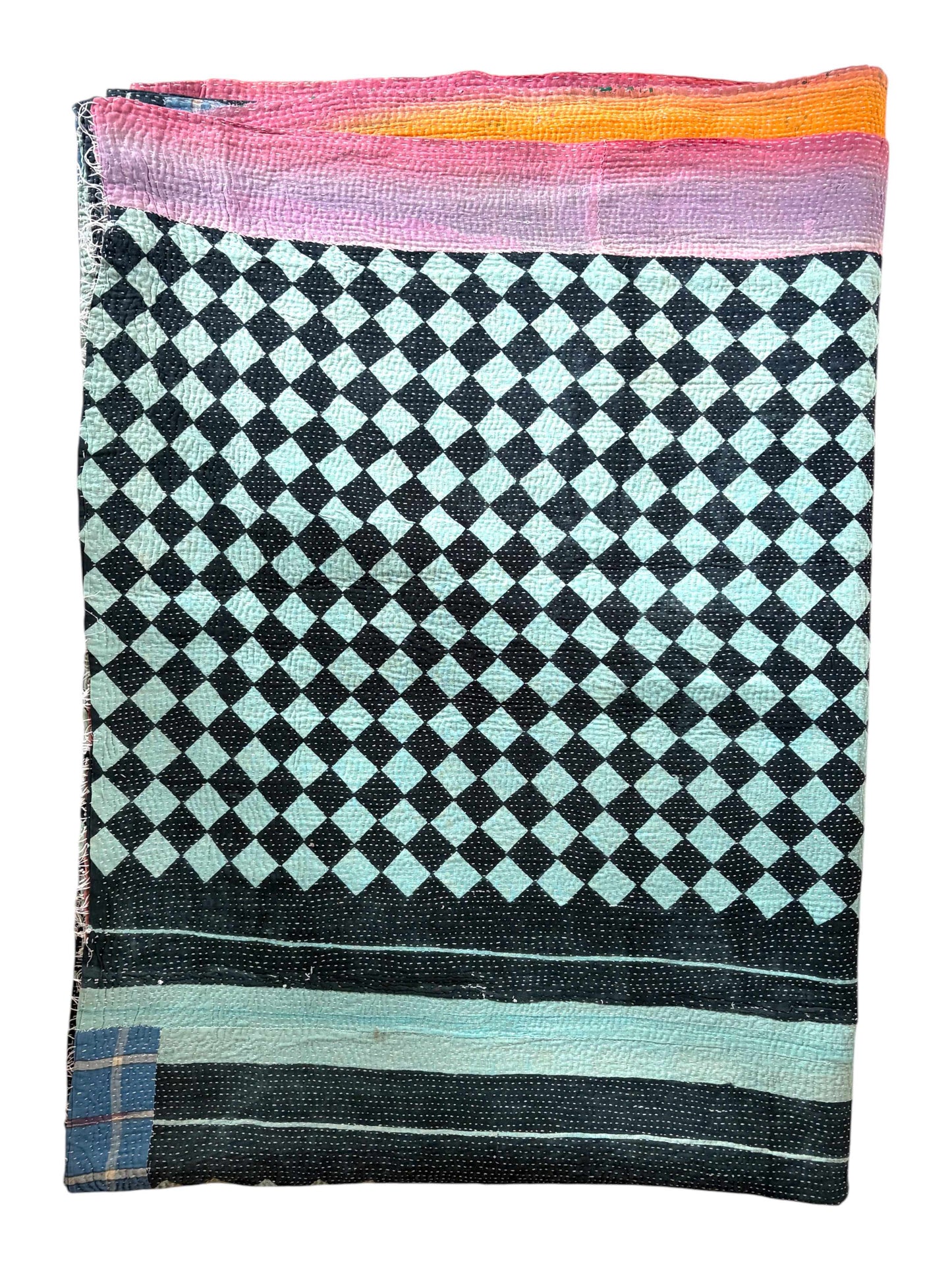 Blue chequer vintage kantha quilt