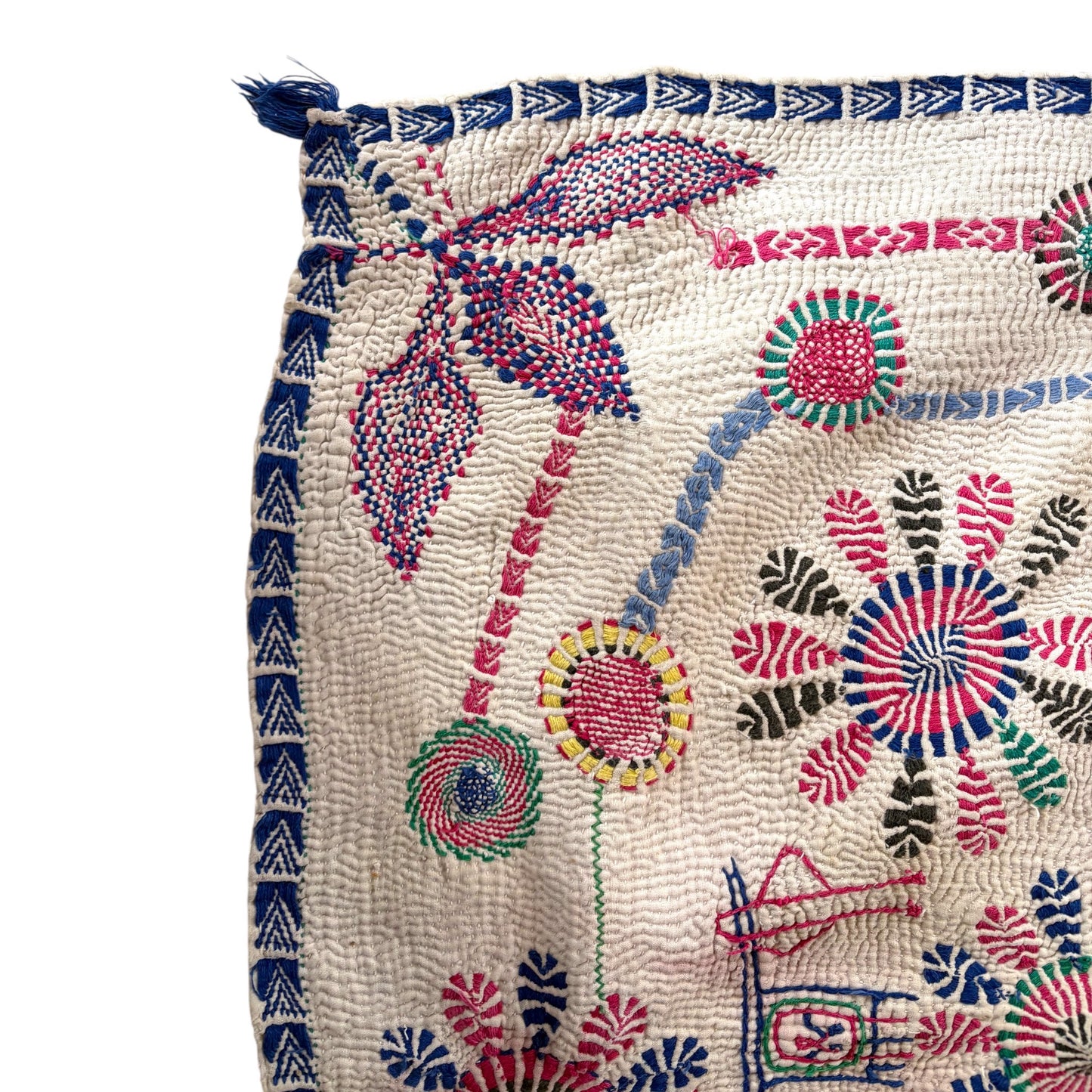 corner of blue and pink baby nakshi kantha quilt
