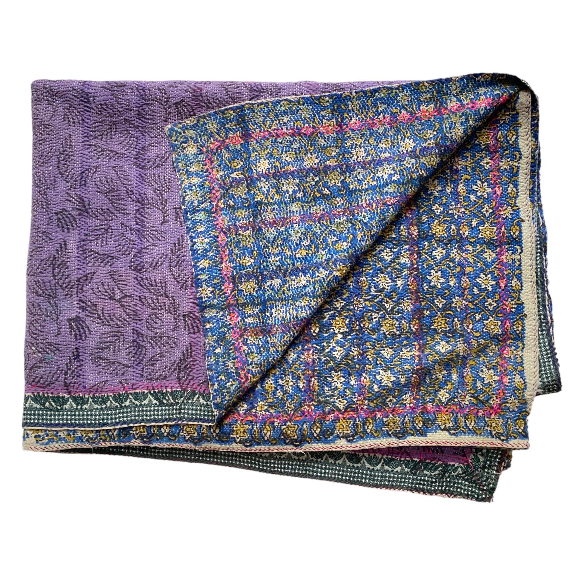 Blue and ochre block print kantha blanket