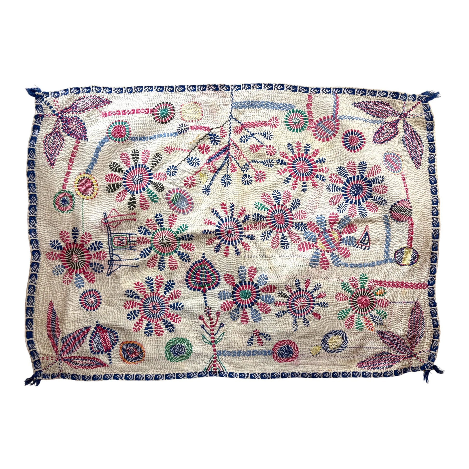 Blue and pink nakshi baby kantha quilt 