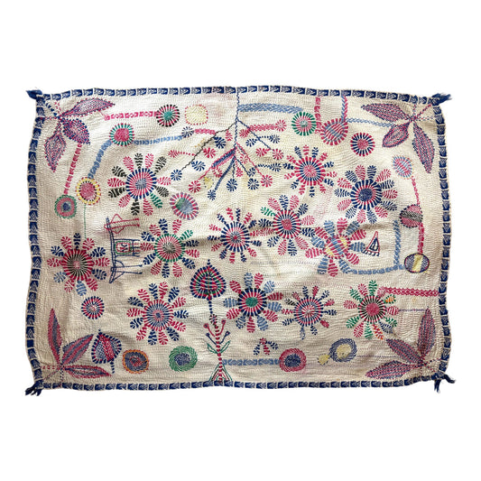 Blue and pink nakshi baby kantha quilt 