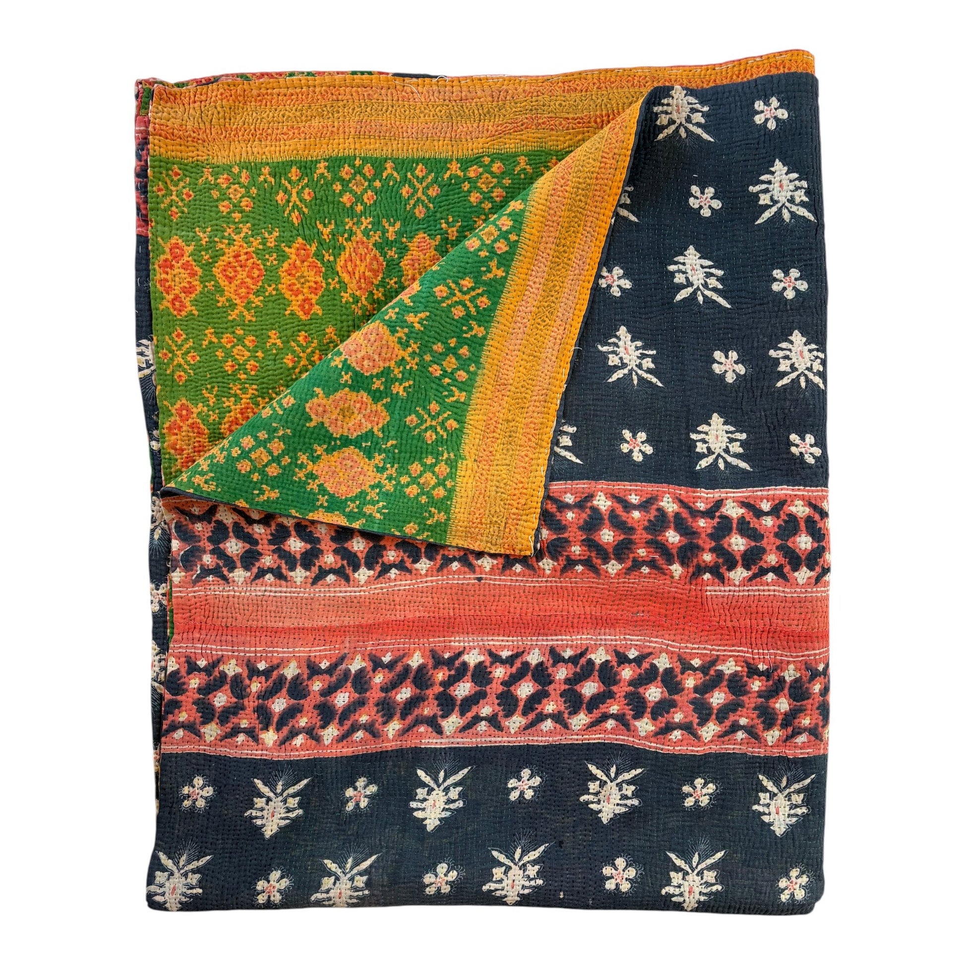 Blue and pink floral kantha quilt