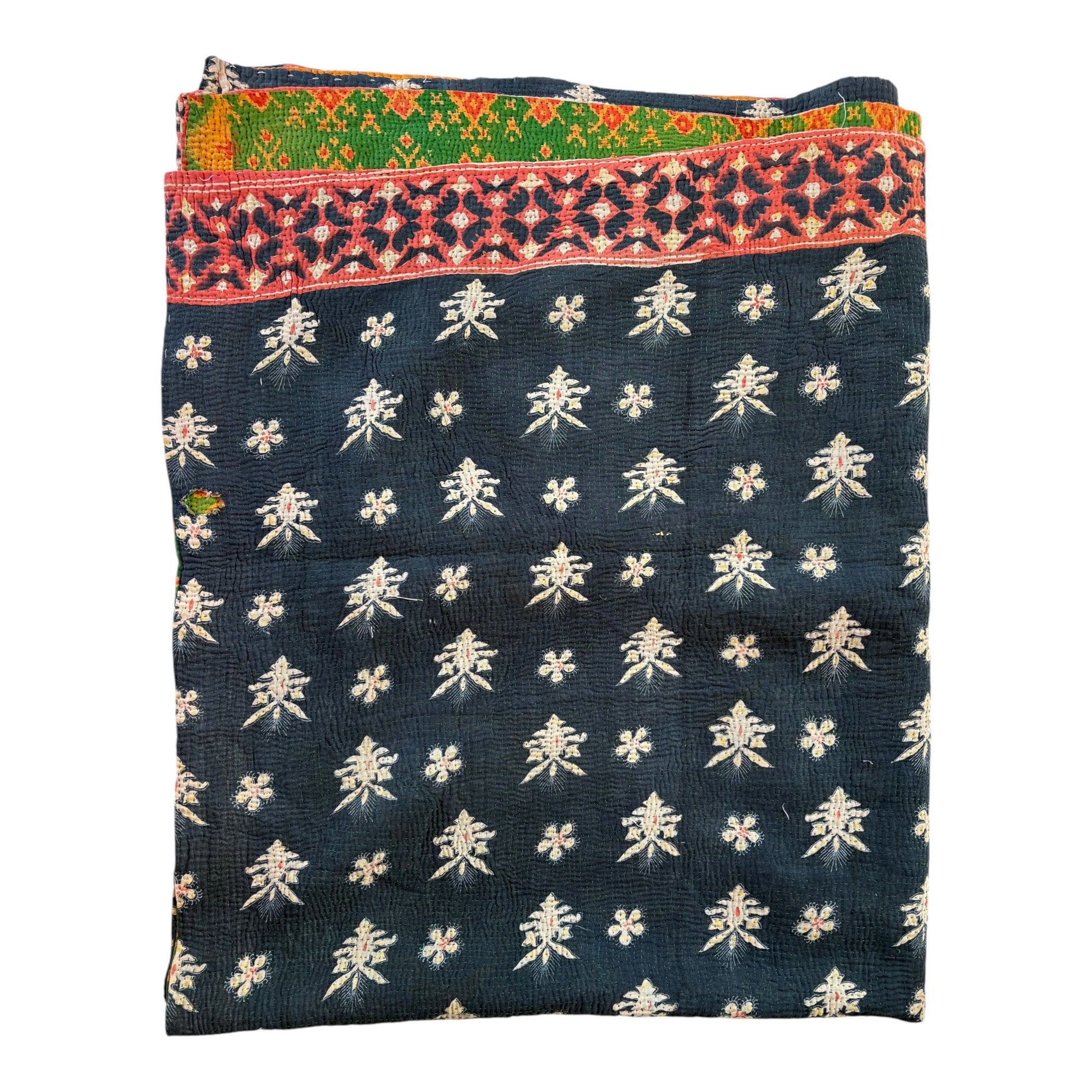 blue and pink flower kantha quilt
